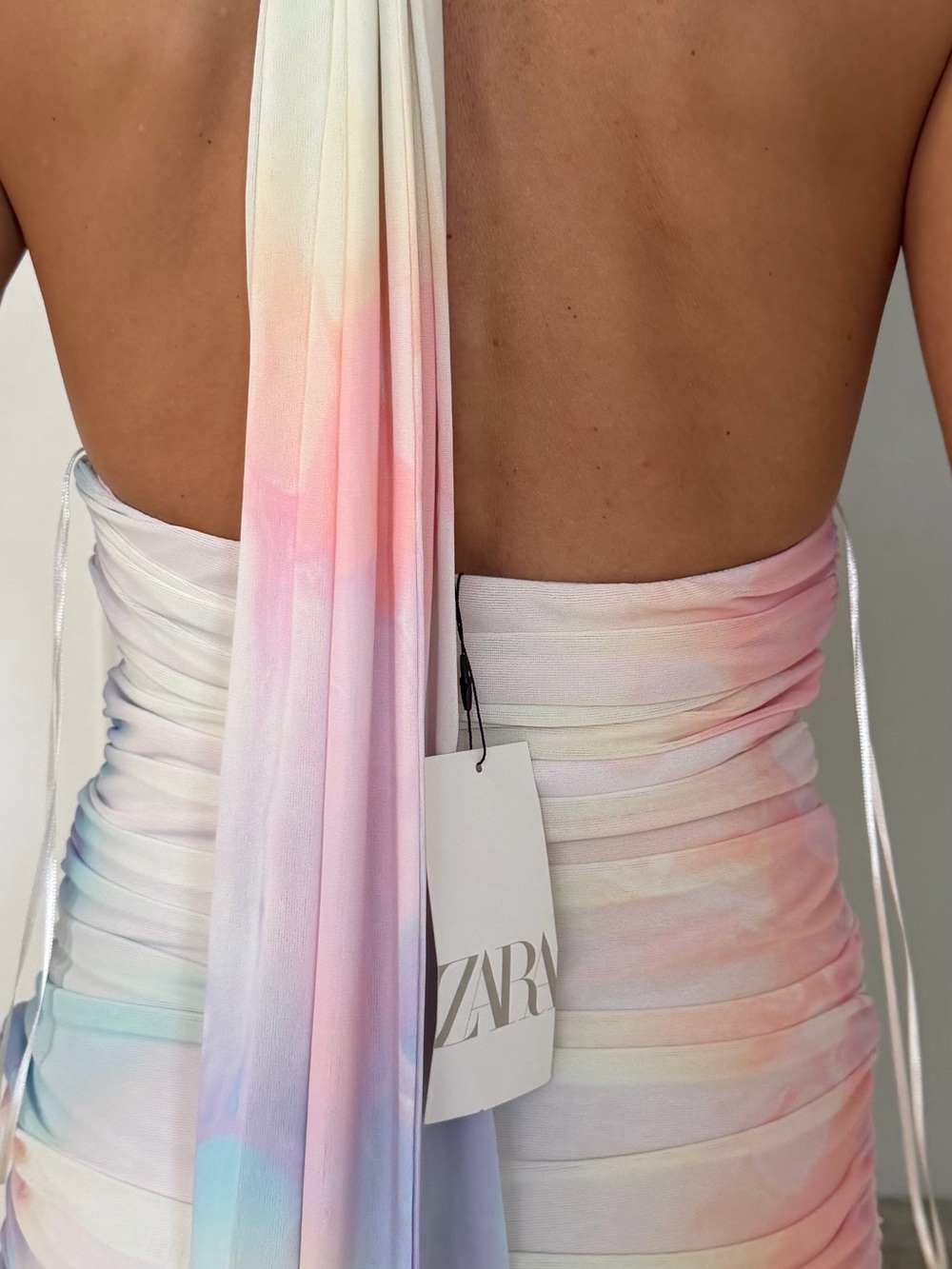 Zara Pastel Tie-Dye Halter Midi Dress - White with Pastel Pink & Blue